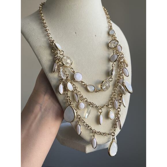 Multi Strand Beaded Long Necklace Clear Acrylic White And Gold Tone 20-26 Inch - Picture 4 of 6